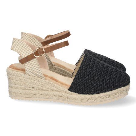 Sandalias de cuña media en yute pala rafia mujer color negro