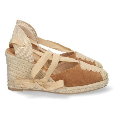 Sandalias de cuña media en yute cierre lazos mujer camel