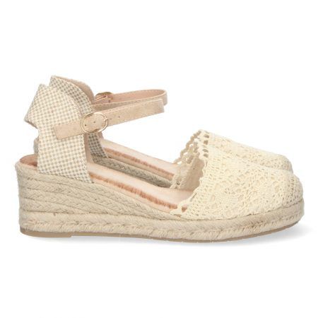 Sandalias de cuña en yute estilo crochet para mujer color beige