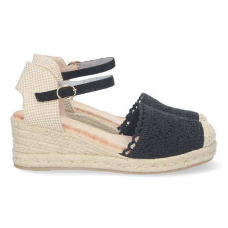 Sandalias de cuña en yute estilo crochet para mujer color negro