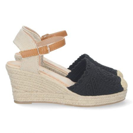 Alpargatas de cuña en yute crochet mujer color negro