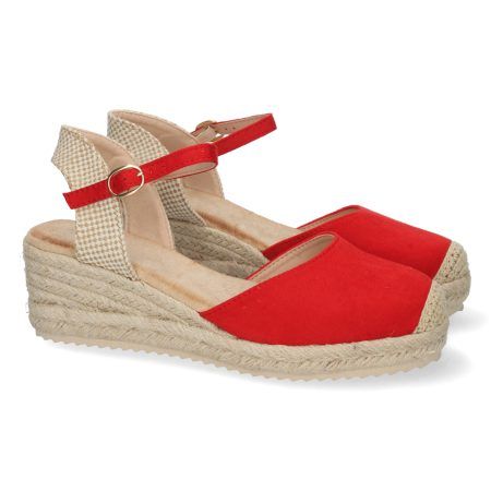 Sandalia de cuña baja en yute mujer color rojo textura