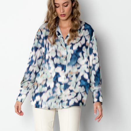Camisa estampada floral cuello solapa manga larga verde mujer