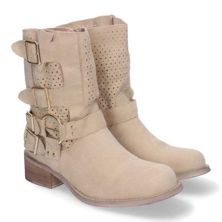 Botines de tacón bajo calados estilo motero mujer color beige L1001