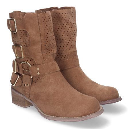 Botines de tacón bajo calados estilo motero mujer color camel L1001