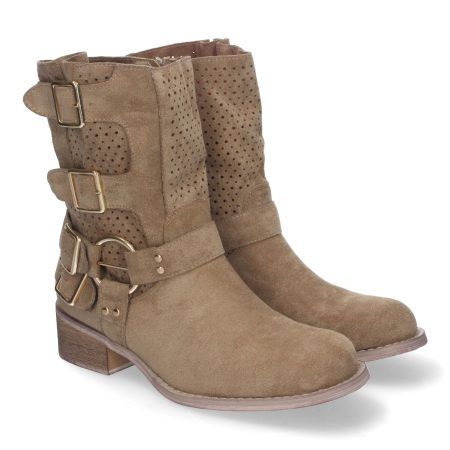 Botines de tacón bajo calados estilo motero mujer color caqui L1001