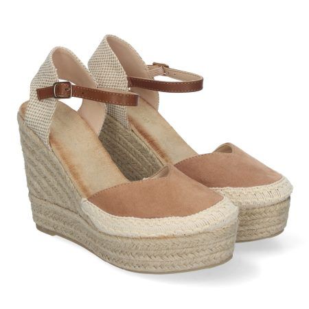 Sandalias de cuña cómoda en yute detalle bordado para mujer color camel A-2207