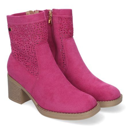 Botines de tacón bajo calados color fucsia punta fina mujer VR001