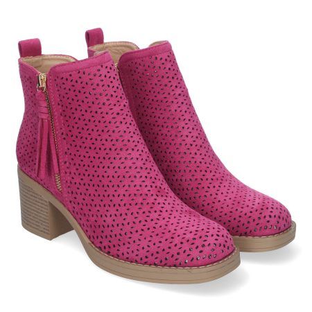 Botines de tacón bajo calados color fucsia para mujer VR002