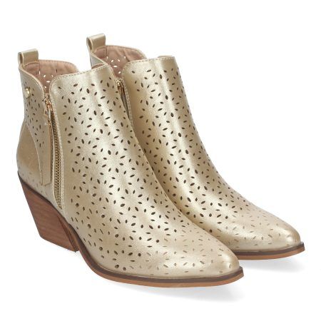 Botines dorados de tacón cómodo calados para mujer VR003