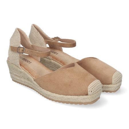 Sandalias de cuña baja en yute cierre hebilla para mujer color taupe VRA-693