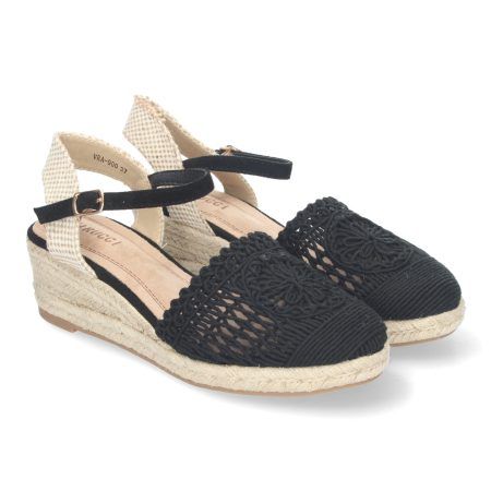 Sandalias de cuña media en yute para mujer pala crochet color negro VRA-900
