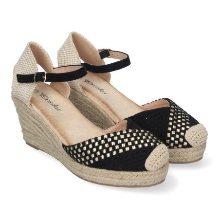 Sandalias de cuña media en yute mujer detalle brillante color negro YJ798