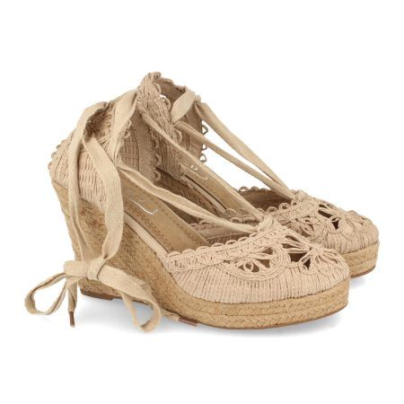 Sandalias de cuña media en yute cierre lazos para mujer color beige YZ19-53