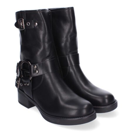Botines planos moteros biker para mujer color negro 2403