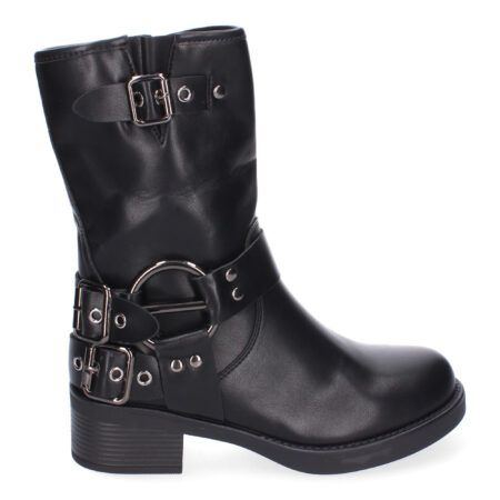Botines planos moteros biker para mujer color negro 2403